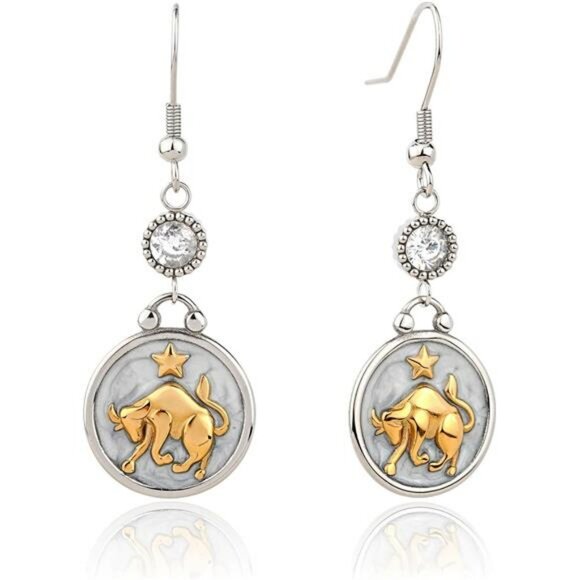 Zodiac Sign Dangle Earrings Gold Horoscope Constellation Disc Jewelry Gift Women - Picture 1 of 7